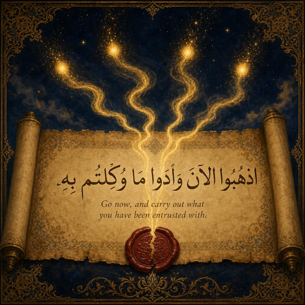 An ancient scroll inscribed with the Arabic dispatch 'Go now, and carry out what you have been entrusted with,' its broken wax seal releasing four rising streams of golden smoke